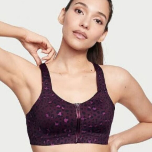 Victoria's Secret VSX Knockout Front Close Sports Bra Deep Purple Leopard 34D - Picture 1 of 13